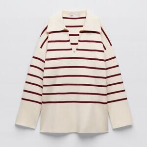 NWT Zara Oversized Striped Knit Polo Sweater Ecru Red Size Small Collared Top
